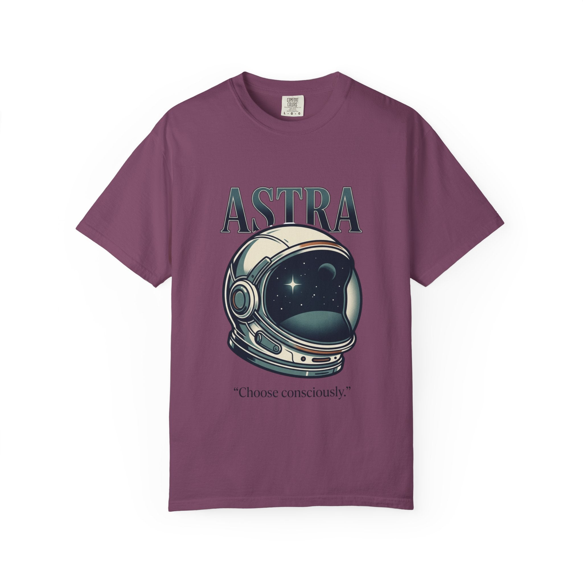 Power Runs Black Astra Astronaut Helmet T-Shirt — "Choose Consciously" Space Graphic Tee by Power Runs Black