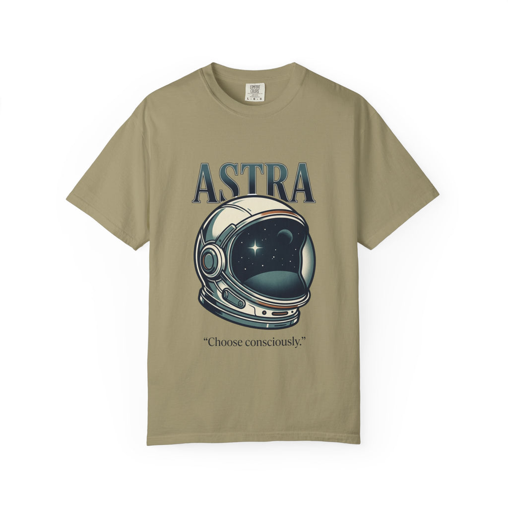 Power Runs Black Astra Astronaut Helmet T-Shirt — "Choose Consciously" Space Graphic Tee by Power Runs Black
