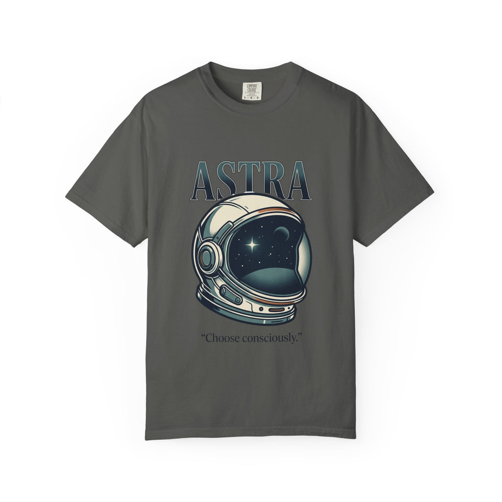 Power Runs Black Astra Astronaut Helmet T-Shirt — "Choose Consciously" Space Graphic Tee by Power Runs Black