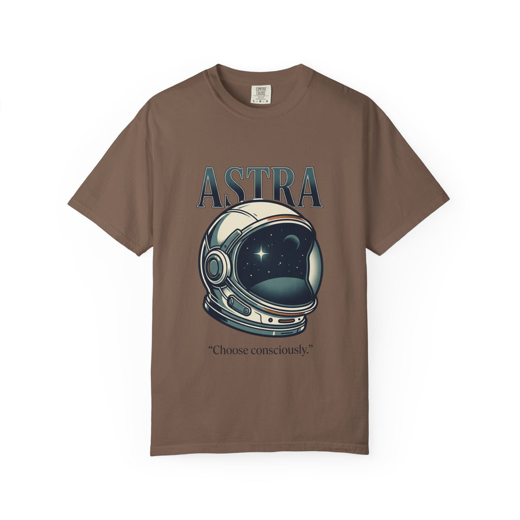 Power Runs Black Astra Astronaut Helmet T-Shirt — "Choose Consciously" Space Graphic Tee by Power Runs Black