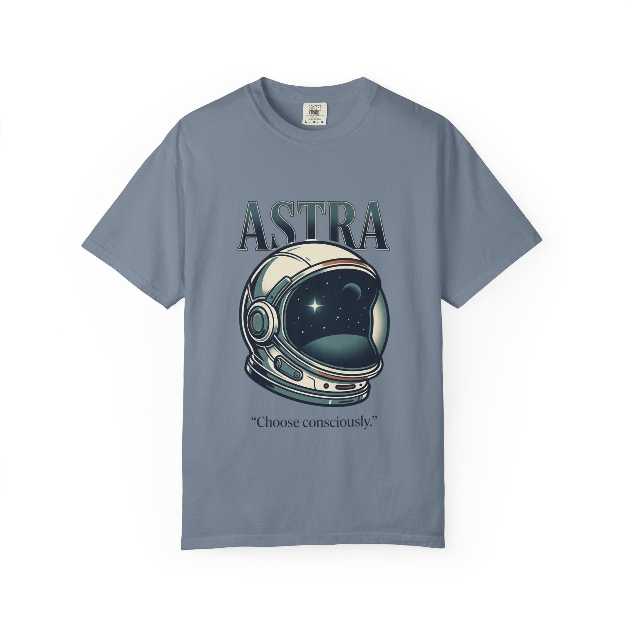 Power Runs Black Astra Astronaut Helmet T-Shirt — "Choose Consciously" Space Graphic Tee by Power Runs Black