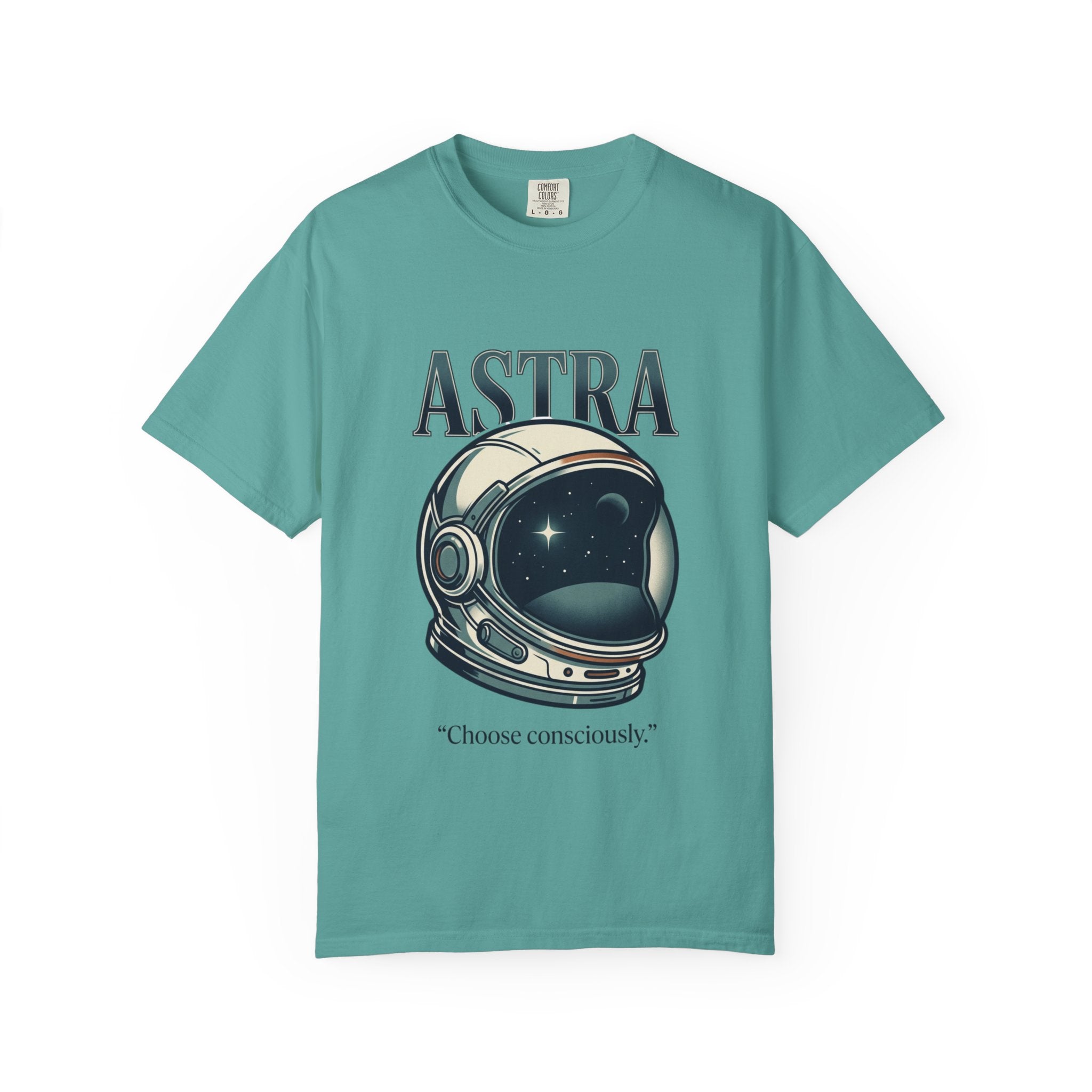 Power Runs Black Astra Astronaut Helmet T-Shirt — "Choose Consciously" Space Graphic Tee by Power Runs Black