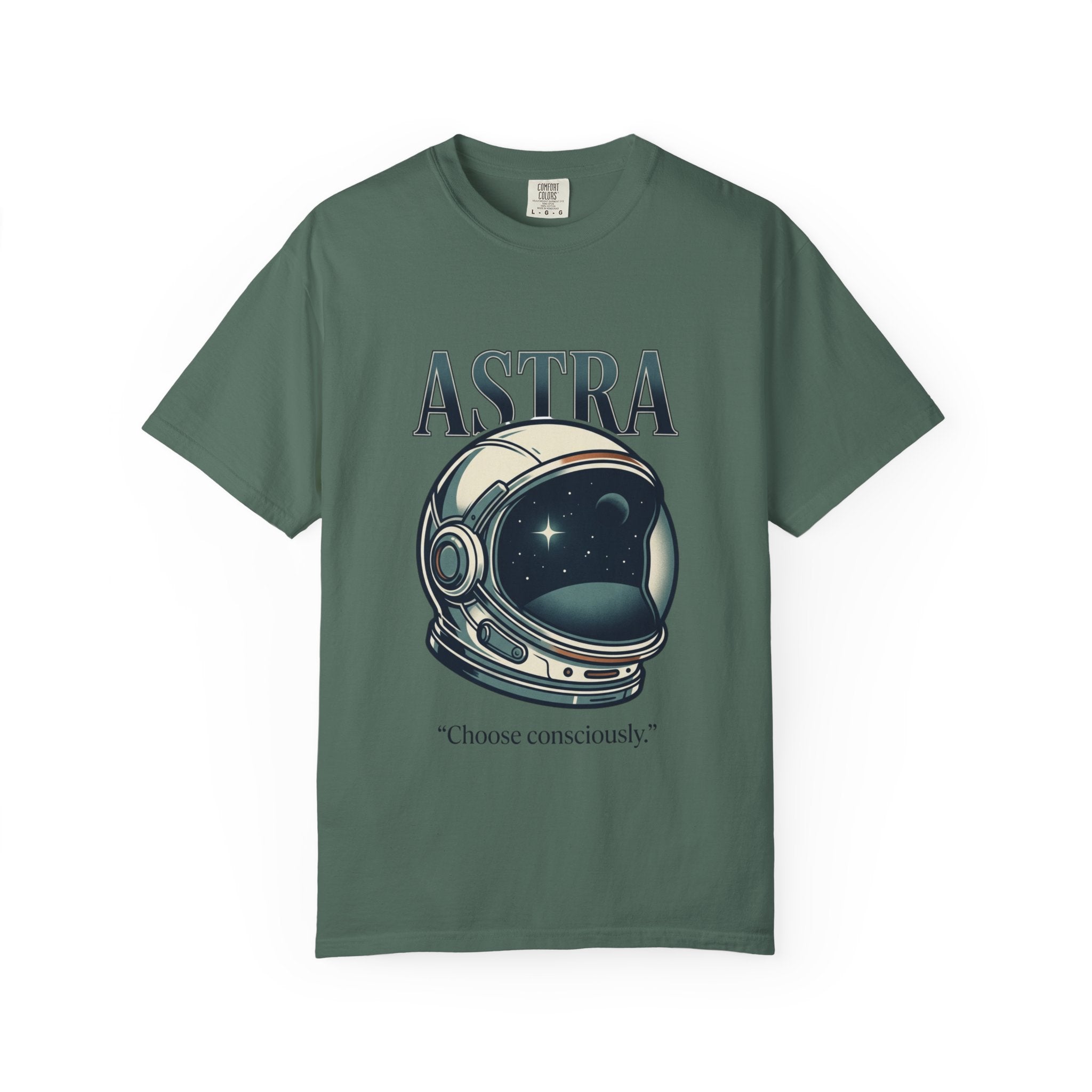 Power Runs Black Astra Astronaut Helmet T-Shirt — "Choose Consciously" Space Graphic Tee by Power Runs Black