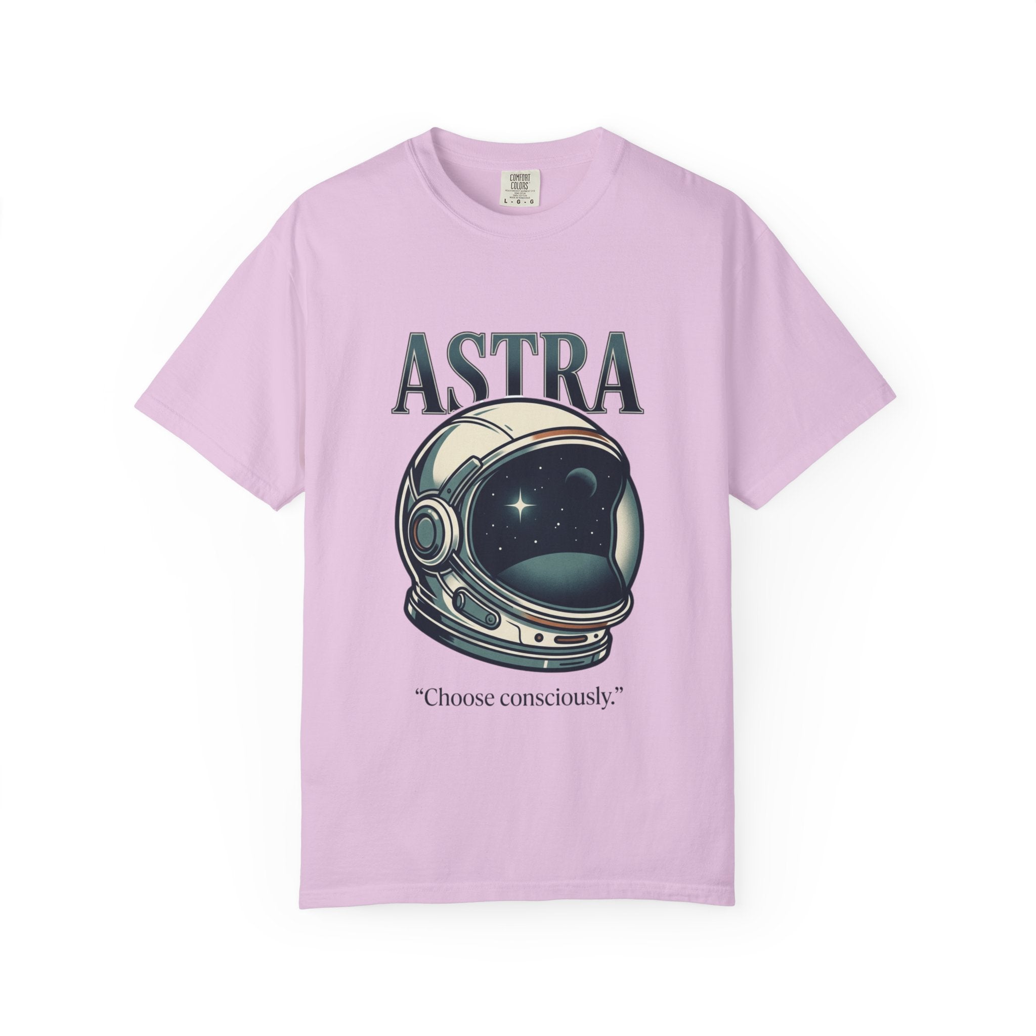 Power Runs Black Astra Astronaut Helmet T-Shirt — "Choose Consciously" Space Graphic Tee by Power Runs Black