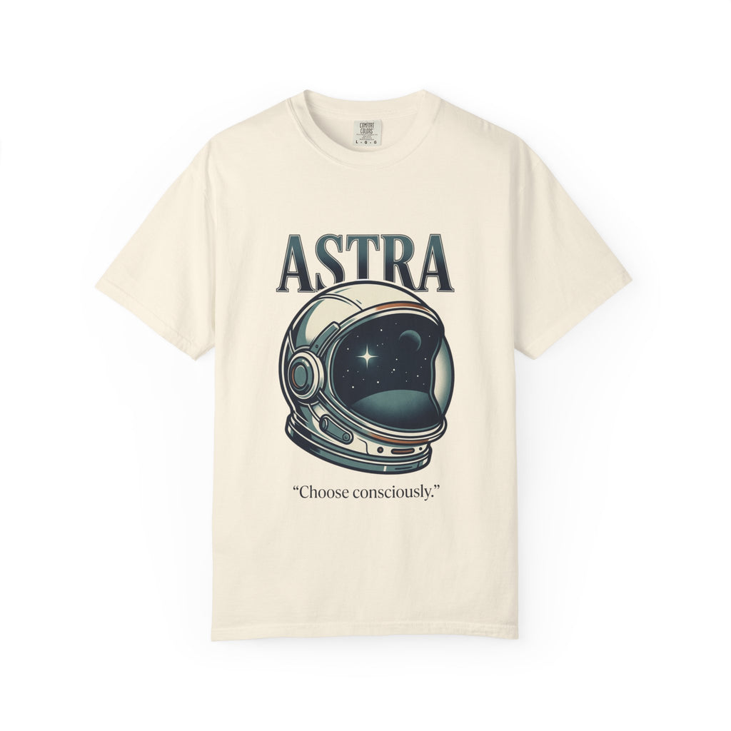 Power Runs Black Astra Astronaut Helmet T-Shirt — "Choose Consciously" Space Graphic Tee by Power Runs Black