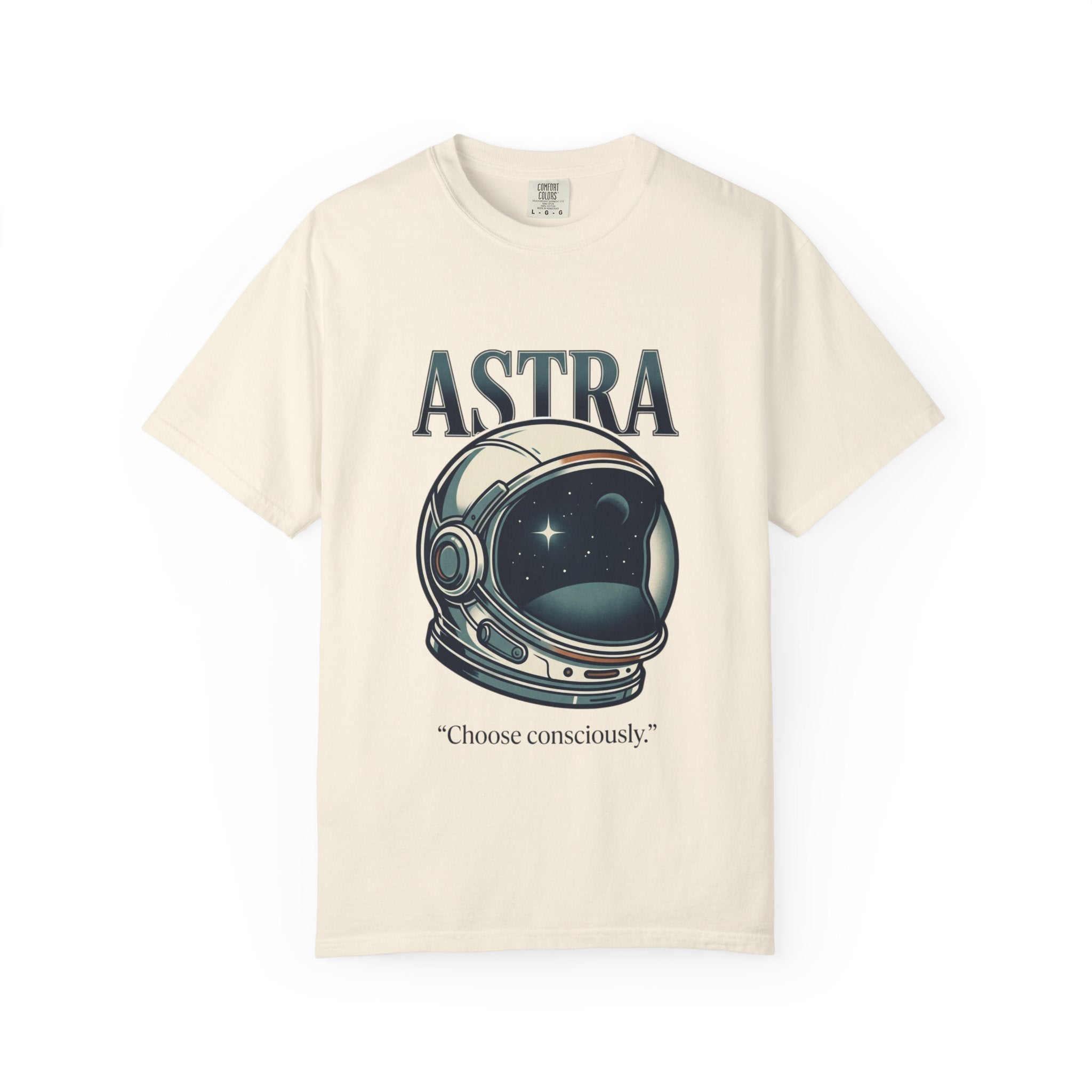 Power Runs Black Astra Astronaut Helmet T-Shirt — "Choose Consciously" Space Graphic Tee by Power Runs Black