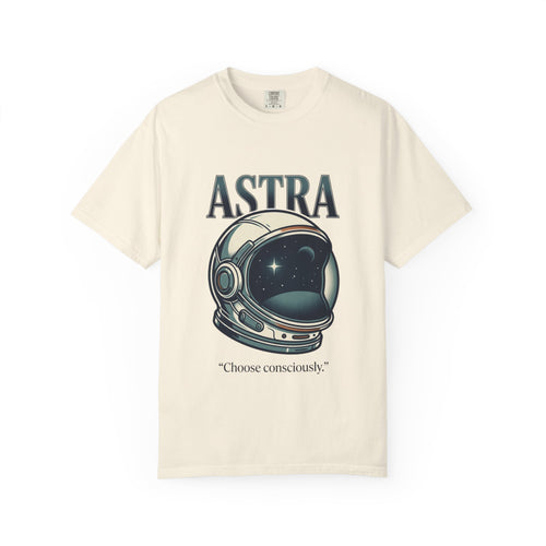 Power Runs Black Astra Astronaut Helmet T-Shirt — "Choose Consciously" Space Graphic Tee by Power Runs Black